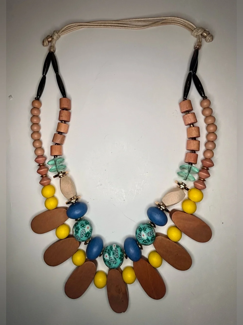 Boho Wood Bead Statement Necklace Floral Polymer Clay Adjustable 34”